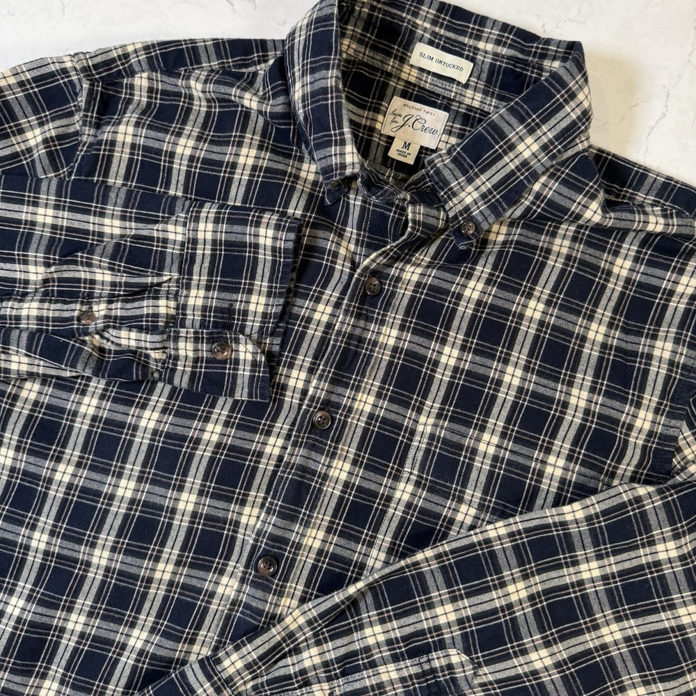 J. Crew Mens Slim Untucked Brushed Twill Button Plaid Shirt Long Sleeve Blue M